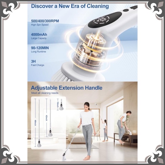 Cordless Electric Spin Scrubber Cleaning Brush Set Adjustable Extension Long NEW - Picture 10 of 10